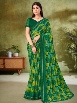 Akhilam - Green Printed Chiffon Saree with Unstitched Blouse