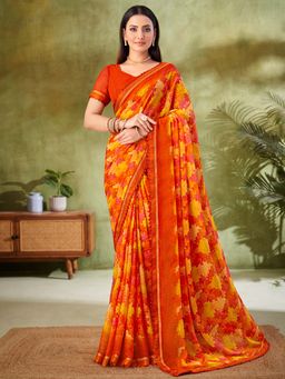 Akhilam - Orange Printed Chiffon Saree with Unstitched Blouse