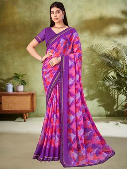 Akhilam - Purple Printed Chiffon Saree with Unstitched Blouse