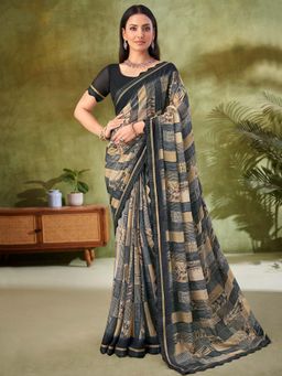 Akhilam - Grey Printed Chiffon Saree with Unstitched Blouse