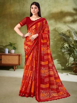 Akhilam - Red Printed Chiffon Saree with Unstitched Blouse