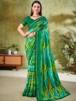 Akhilam - Green Printed Chiffon Saree with Unstitched Blouse