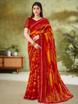 Akhilam - Red Printed Chiffon Saree with Unstitched Blouse