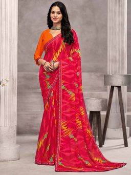 Akhilam - Pink Printed Chiffon Saree with Unstitched Blouse