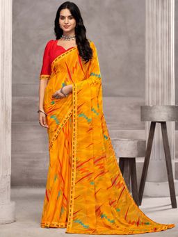 Akhilam - Yellow Printed Chiffon Saree with Unstitched Blouse