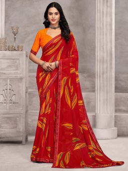 Akhilam - Red Printed Chiffon Saree with Unstitched Blouse
