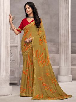 Akhilam - Olive Printed Chiffon Saree with Unstitched Blouse