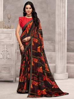 Akhilam - Black Printed Chiffon Saree with Unstitched Blouse