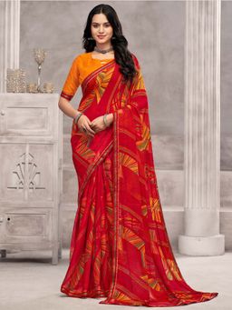 Akhilam - Red Printed Chiffon Saree with Unstitched Blouse