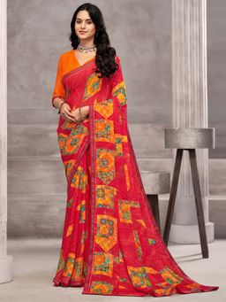Akhilam - Red Printed Chiffon Saree with Unstitched Blouse