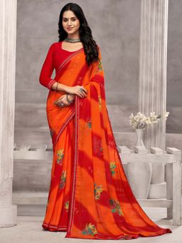 Akhilam - Orange Printed Chiffon Saree with Unstitched Blouse