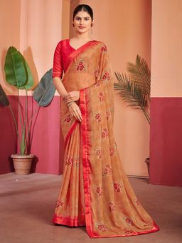 Akhilam - Beige Printed Chiffon Saree with Unstitched Blouse