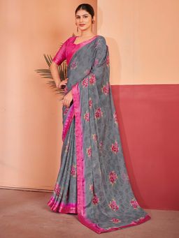 Akhilam - Grey Printed Chiffon Saree with Unstitched Blouse