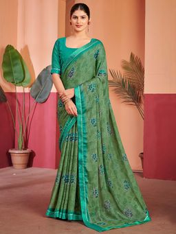 Akhilam - Green Printed Chiffon Saree with Unstitched Blouse