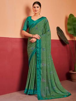Akhilam - Green Printed Chiffon Saree with Unstitched Blouse