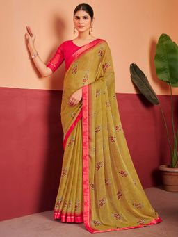 Akhilam - Olive Printed Chiffon Saree with Unstitched Blouse