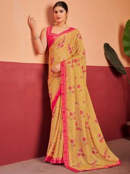 Akhilam - Mustard Printed Chiffon Saree with Unstitched Blouse