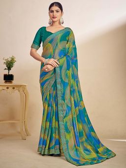 Akhilam - Teal Printed Chiffon Saree with Unstitched Blouse