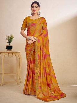 Akhilam - Mustard Printed Chiffon Saree with Unstitched Blouse
