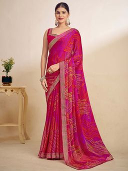 Akhilam - Pink Printed Chiffon Saree with Unstitched Blouse