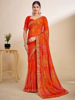 Akhilam - Orange Printed Chiffon Saree with Unstitched Blouse