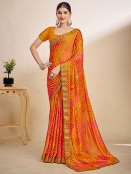Akhilam - Yellow Printed Chiffon Saree with Unstitched Blouse