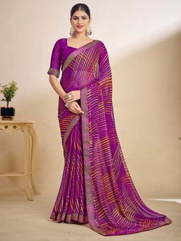 Akhilam - Purple Printed Chiffon Saree with Unstitched Blouse