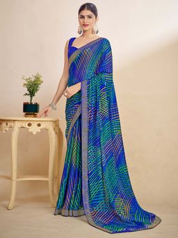 Akhilam - Blue Printed Chiffon Saree with Unstitched Blouse
