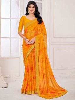 Akhilam - Yellow Printed Chiffon Saree with Unstitched Blouse
