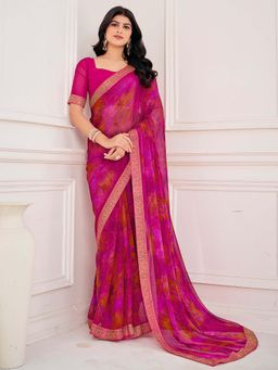 Akhilam - Pink Printed Chiffon Saree with Unstitched Blouse