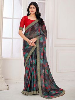 Akhilam - Grey Printed Chiffon Saree with Unstitched Blouse