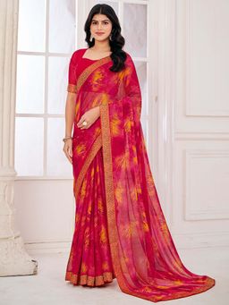Akhilam - Pink Printed Chiffon Saree with Unstitched Blouse