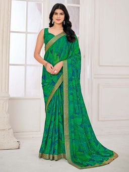 Akhilam - Green Printed Chiffon Saree with Unstitched Blouse