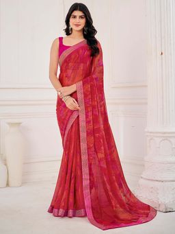 Akhilam - Pink Printed Chiffon Saree with Unstitched Blouse
