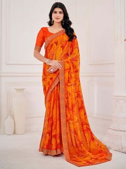 Akhilam - Orange Printed Chiffon Saree with Unstitched Blouse