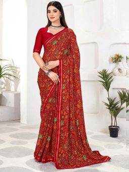 Akhilam - Red Printed Chiffon Saree with Unstitched Blouse