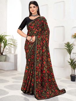 Akhilam - Black Printed Chiffon Saree with Unstitched Blouse