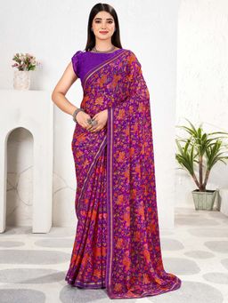 Akhilam - Purple Printed Chiffon Saree with Unstitched Blouse