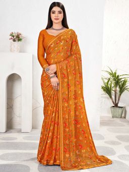 Akhilam - Mustard Printed Chiffon Saree with Unstitched Blouse