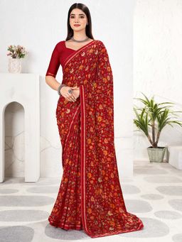 Akhilam - Red Printed Chiffon Saree with Unstitched Blouse