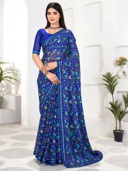 Akhilam - Blue Printed Chiffon Saree with Unstitched Blouse