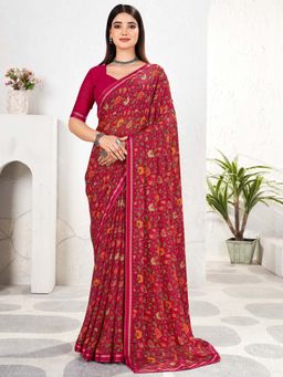 Akhilam - Pink Printed Chiffon Saree with Unstitched Blouse