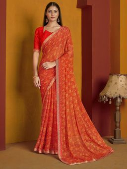 Akhilam - Orange Printed Chiffon Saree with Unstitched Blouse