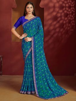 Akhilam - Blue Printed Chiffon Saree with Unstitched Blouse