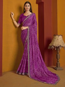 Akhilam - Purple Printed Chiffon Saree with Unstitched Blouse