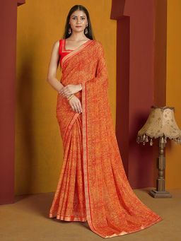 Akhilam - Orange Printed Chiffon Saree with Unstitched Blouse