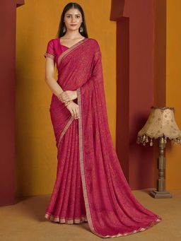 Akhilam - Pink Printed Chiffon Saree with Unstitched Blouse