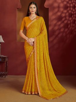 Akhilam - Yellow Printed Chiffon Saree with Unstitched Blouse