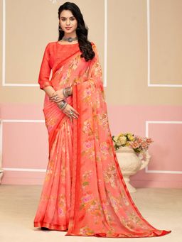 Akhilam - Orange Printed Chiffon Saree with Unstitched Blouse