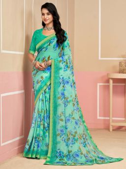 Akhilam - Turquoise Printed Chiffon Saree with Unstitched Blouse